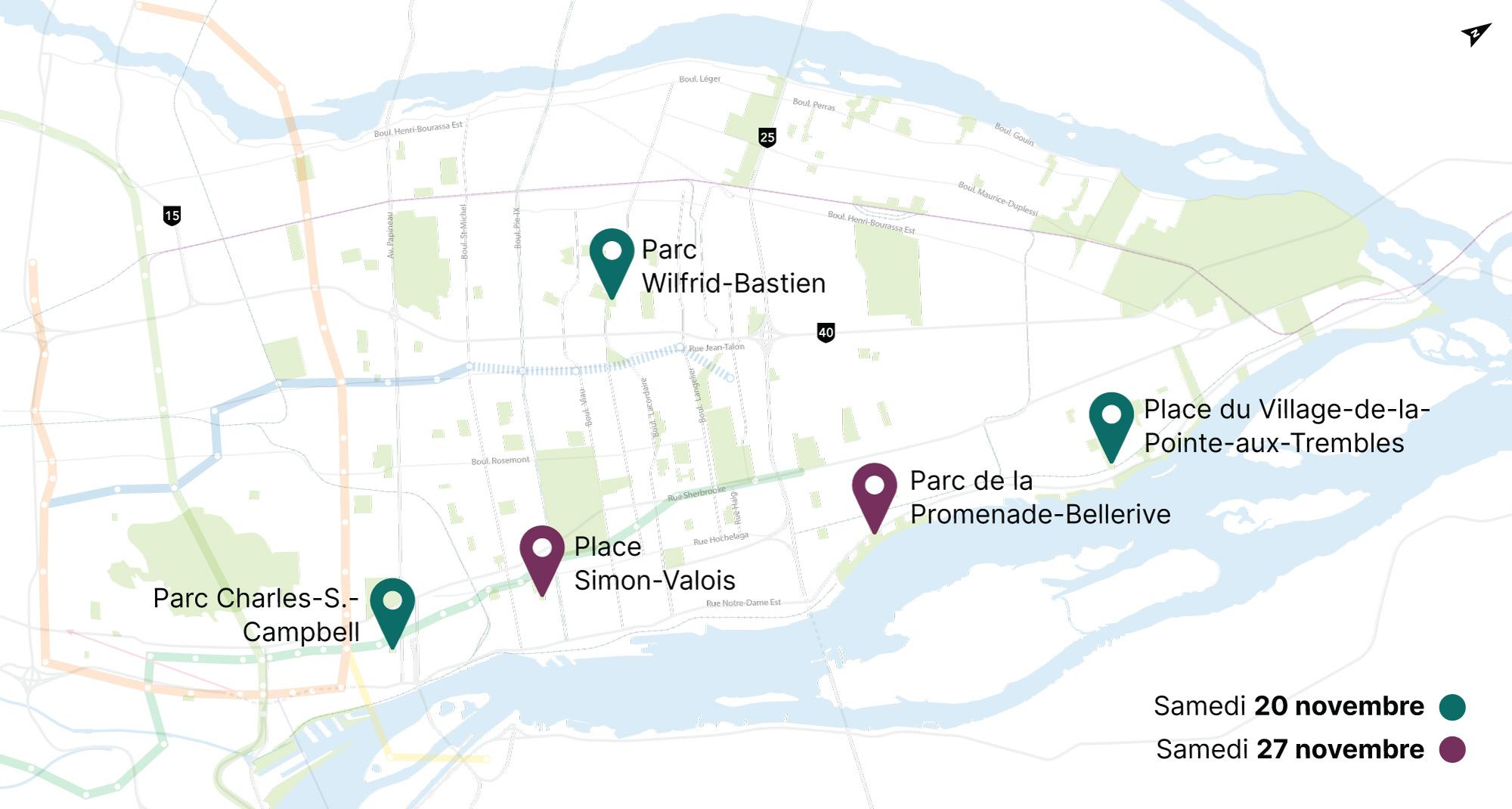 Carte des différents parcs à Montréal où les experts du REM de l'Est seront présents les 20 et 27 novembre prochains.