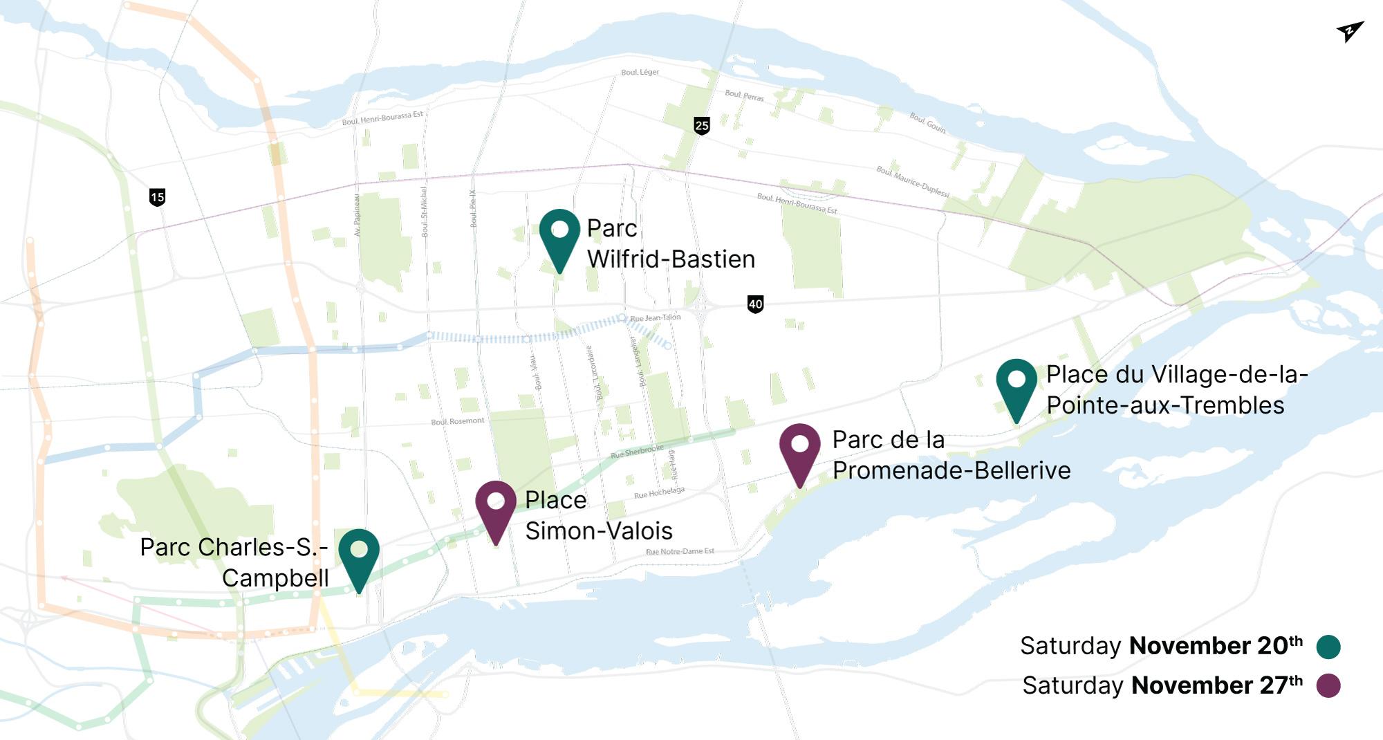 Map of the different parks in Montreal where the Eastern REM experts will be present on November 20 and 27.