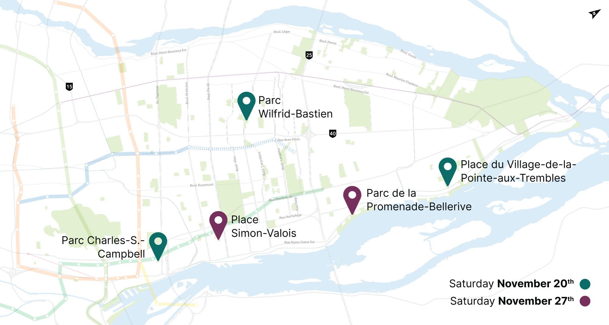 Map of the different parks in Montreal where the Eastern REM experts will be present on November 20 and 27. Map of the different parks in Montreal where the Eastern REM experts will be present on November 20 and 27.