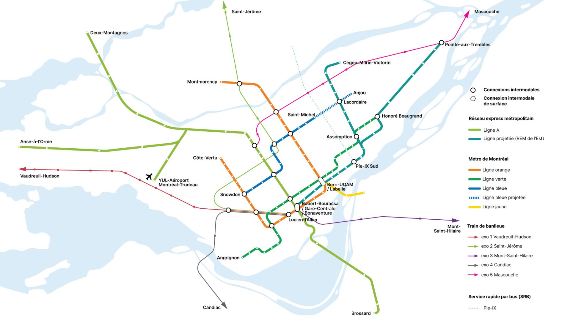 Carte des réseaux de transport dans la région du grand Montréal