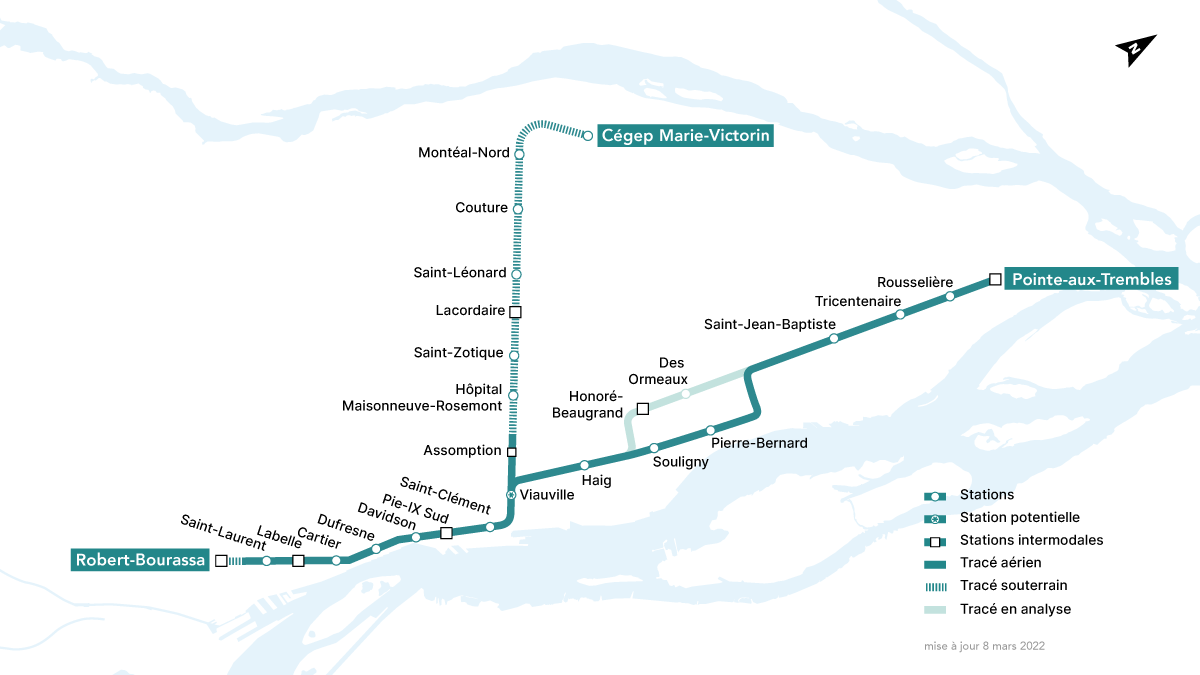 Carte du trajet du REM de l'Est